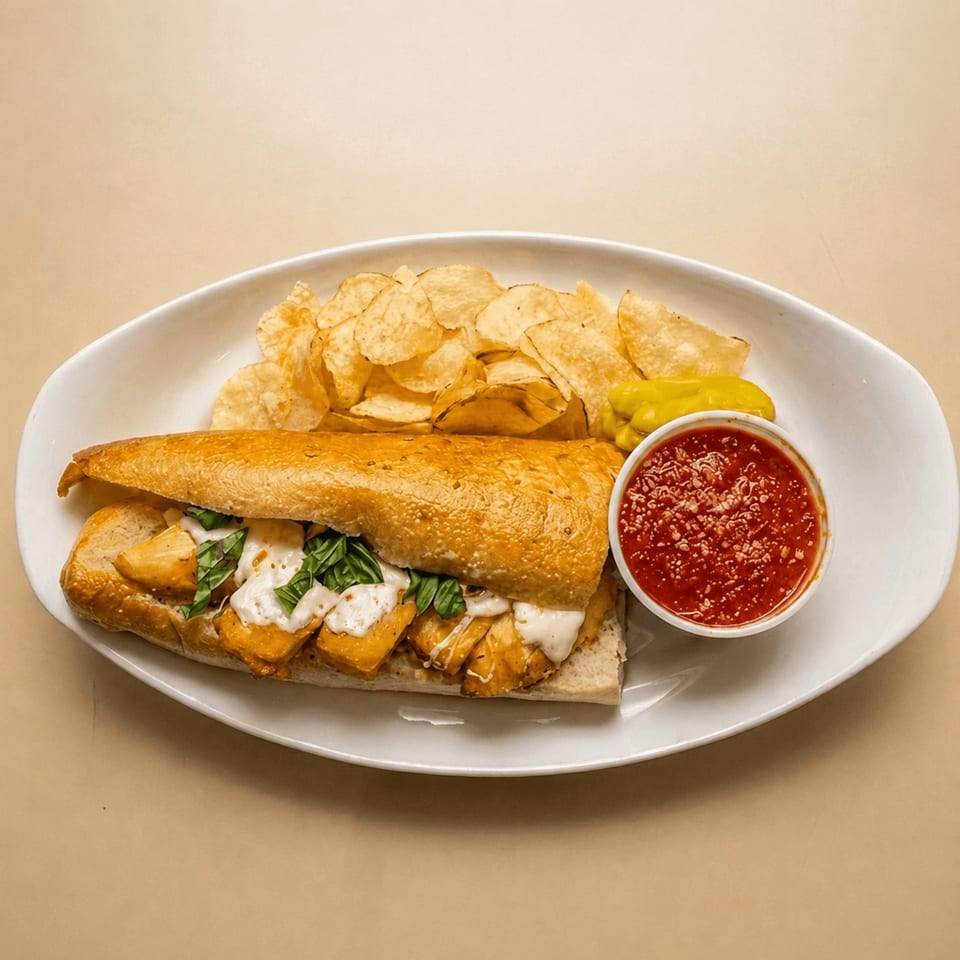 Chicken parmesan hero sandwich with melted cheese, basil, potato chips, and marinara sauce.