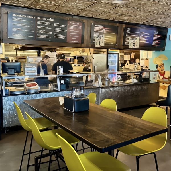 Restaurant interior with a long wooden table, bright yellow chairs, and a busy kitchen counter with staff.