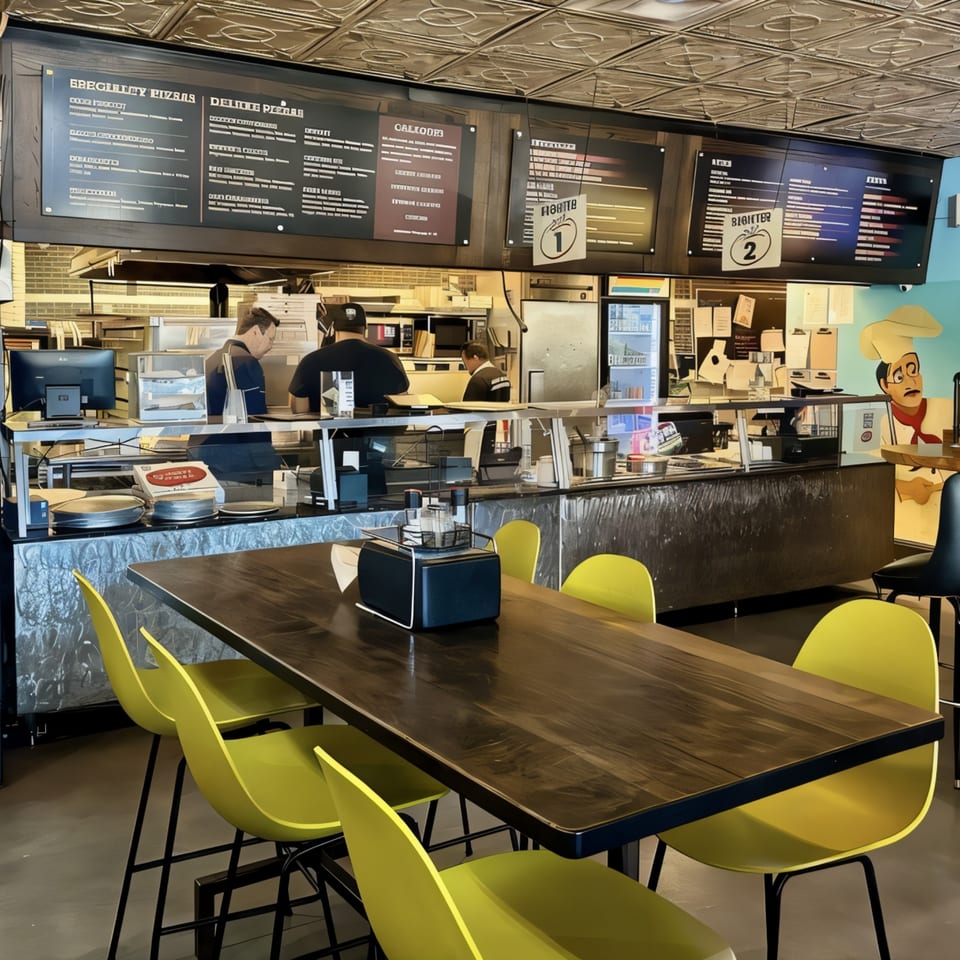 Restaurant interior with a long wooden table, bright yellow chairs, and a busy kitchen counter with staff.