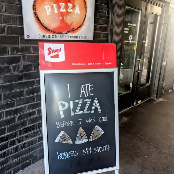 A chalkboard sign outside a pizza restaurant reads "I ATE PIZZA BEFORE IT WAS COOL BORNED MY MOUTH".