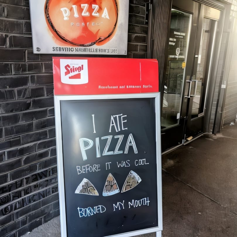A chalkboard sign outside a pizza restaurant reads "I ATE PIZZA BEFORE IT WAS COOL BORNED MY MOUTH".