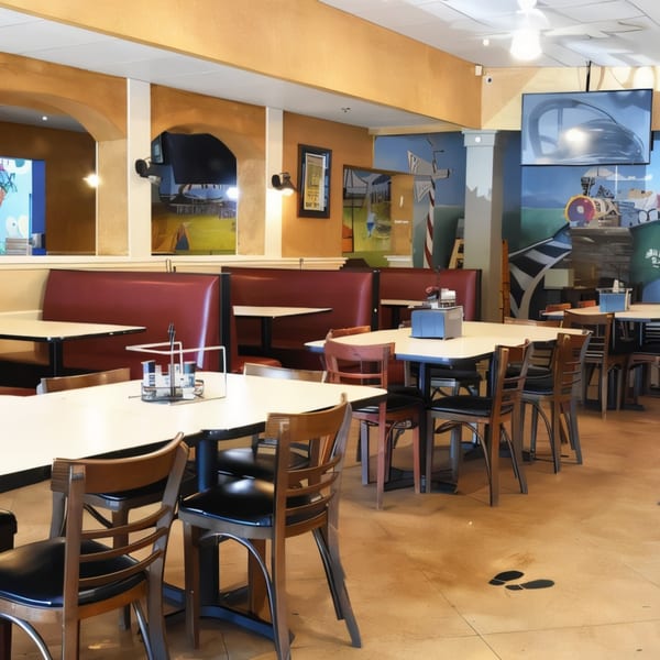 Empty restaurant dining room with red booths, white tables, wooden chairs, and colorful wall murals.