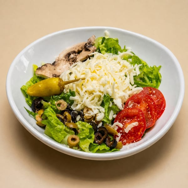 Fresh garden salad with lettuce, tomatoes, olives, mushrooms, shredded cheese, and a pepperoncini.