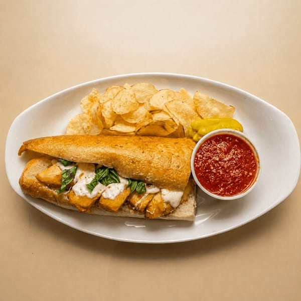 Chicken parmesan hero sandwich with melted cheese, basil, potato chips, and marinara sauce.